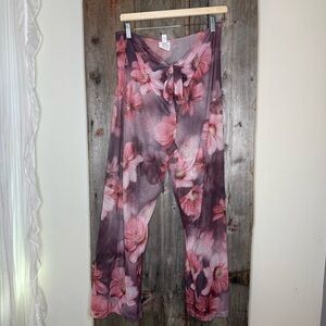 Vintage Y2K Sheer Mesh Wide Leg Pants Graphic Floral Print Beach Tie Waist OS